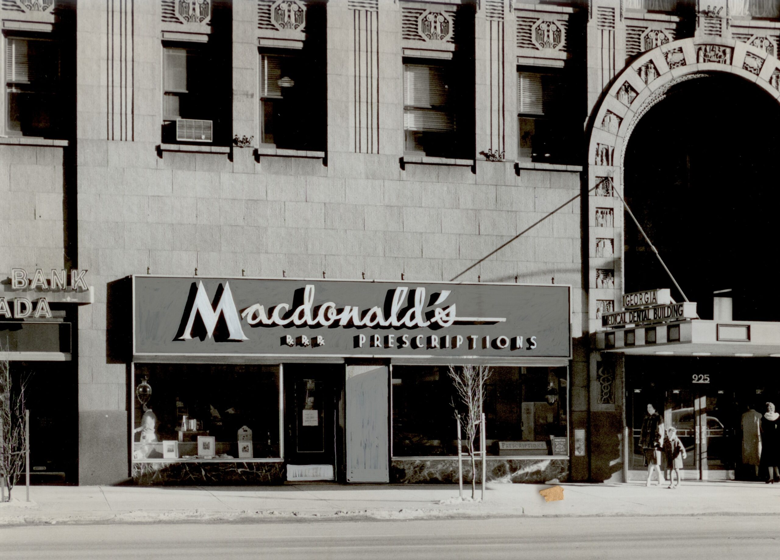 Image of original Macdonald's Prescriptions storefront in 1945.
