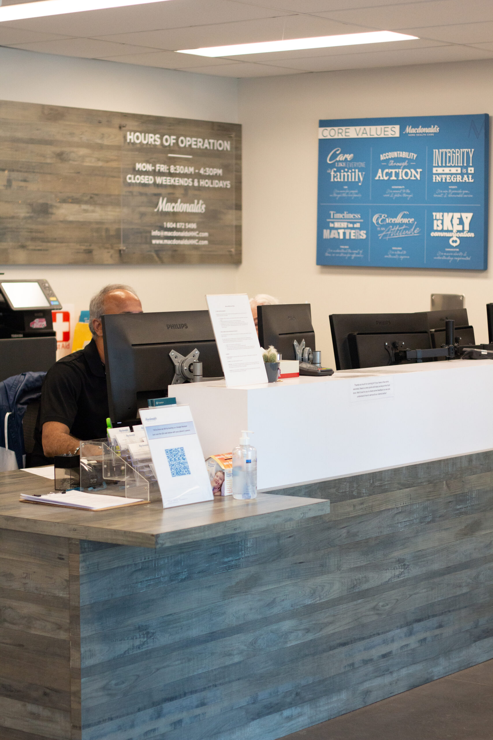 Image of the front reception desk in the Vancouver office of Macdonald's Home Health Care