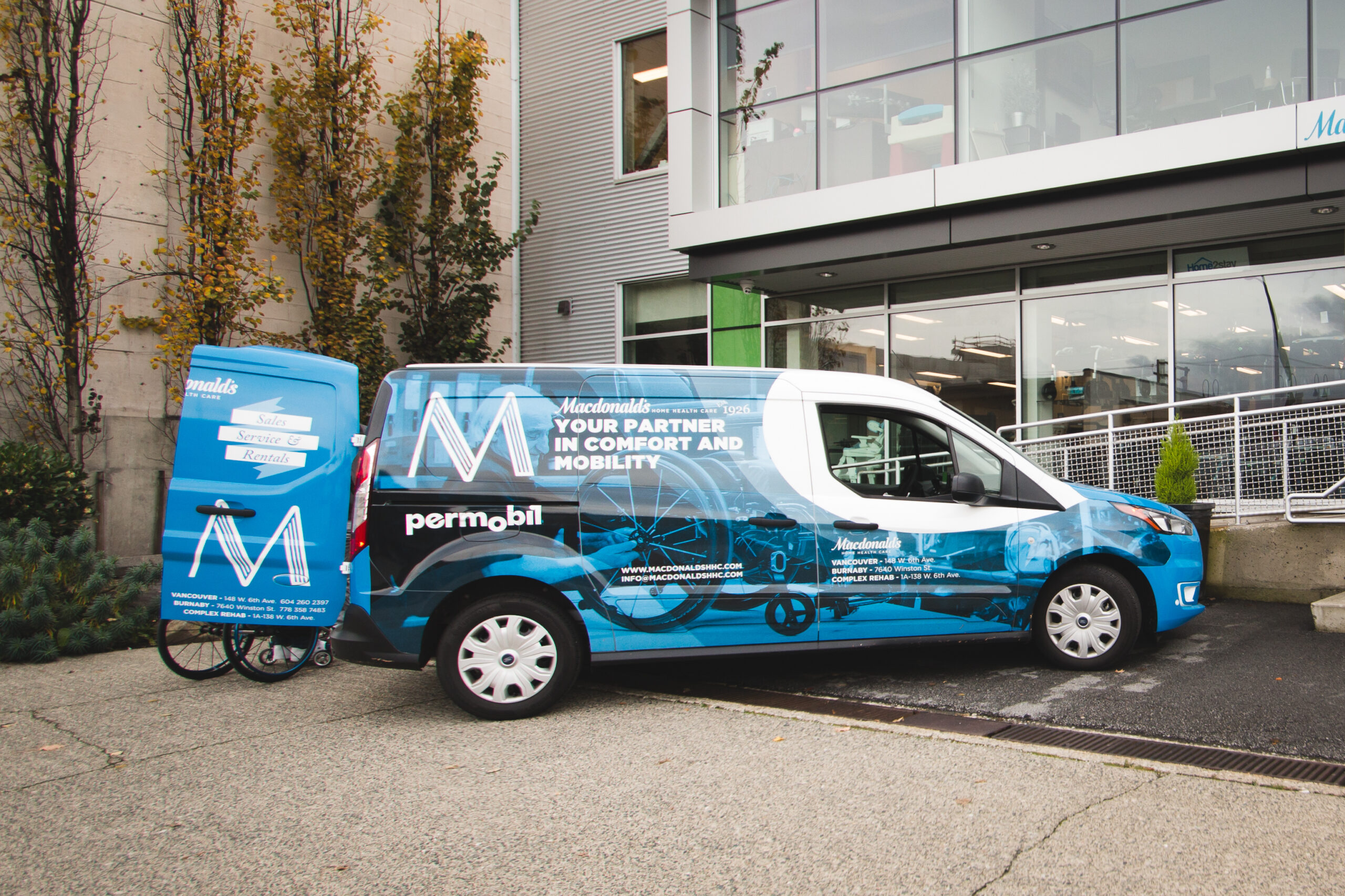 A Macdonald's delivery van parked in front of the Vancouver location.
